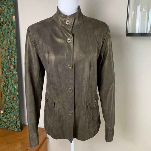 Vintage Alfani Size L Leather Belted Jacket Brown With Gold Metallic Finish Fall - Picture 2 of 9